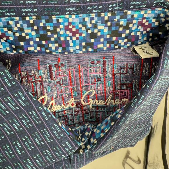 Robert Graham Woven Button Front Long Sleeve Shirt Cubist Navy Blue Geometric M - Picture 4 of 9
